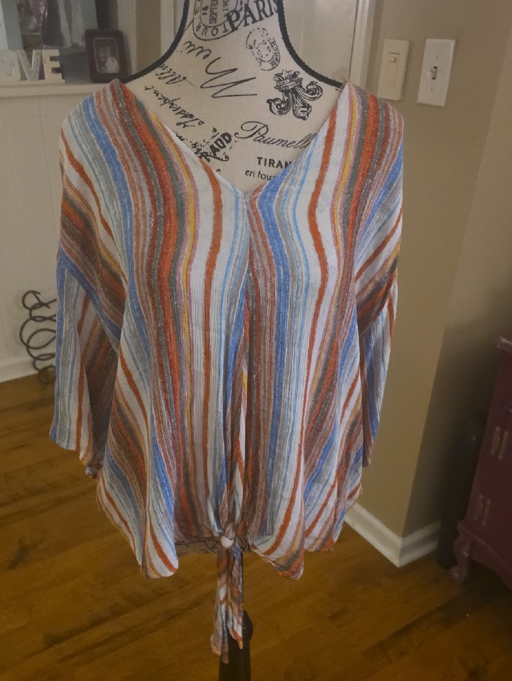 Zac & Rachel Striped V-Neck Tie-Front Top - Blue, Rust & White